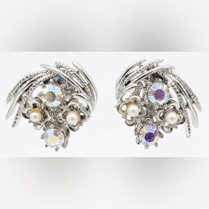 Aurora Borealis Rhinestone & Faux Pearl Vintage Clip-On Earrings